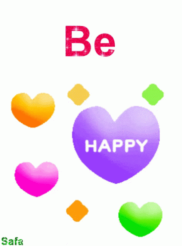 a pink heart with the words be happy surrounded by colorful hearts