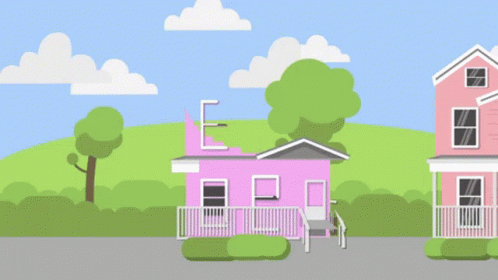 A Pink House Is Next To A Green House With A Porch GIF