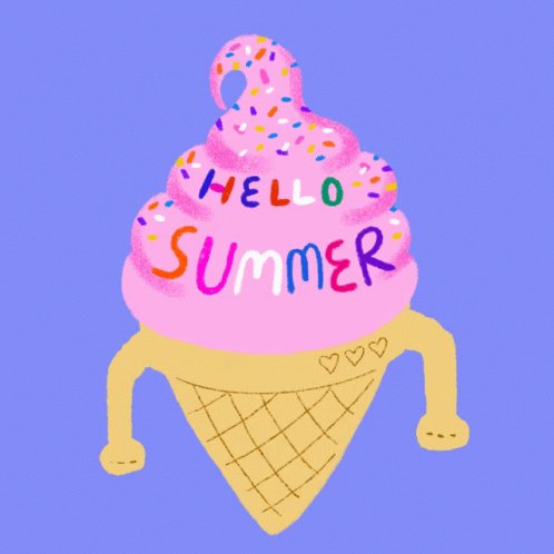 A Pink Ice Cream Cone With Sprinkles And The Words Hello Summer Written On It GIF