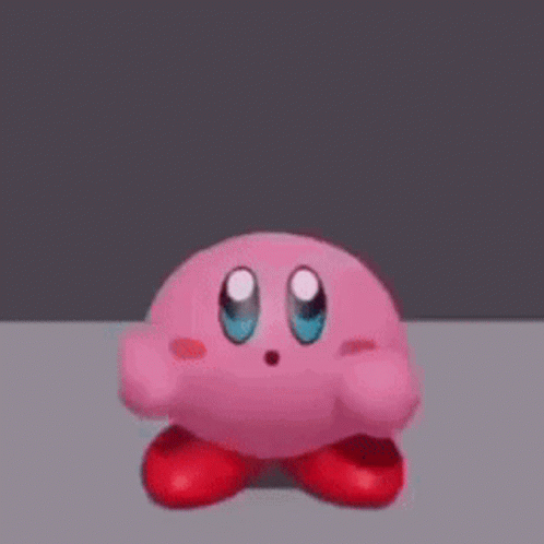 A Pink Kirby Cartoon Character Is Standing On A Gray Surface With His Eyes Closed . GIF