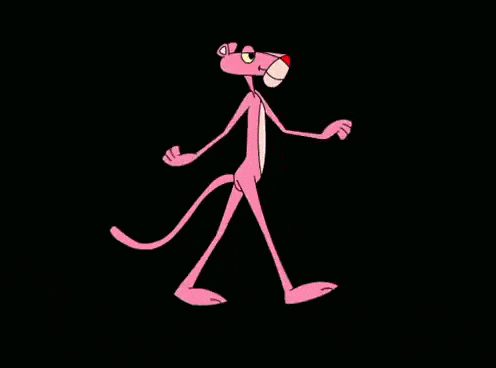 A Pink Panther Is Walking On A Black Background And Looking At The Camera . GIF