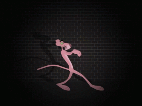 A Pink Panther Stands In Front Of A Brick Wall GIF