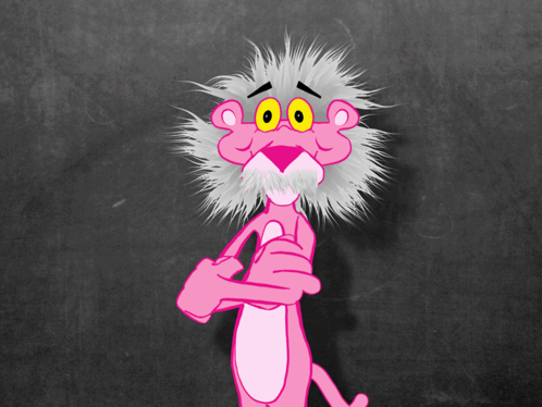 A Pink Panther With Gray Hair And Yellow Eyes Is Standing With His Arms Crossed GIF