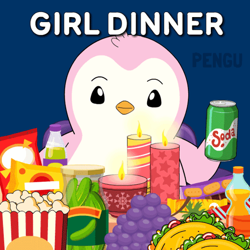 A Pink Penguin Holding A Can Of Soda Sits At A Table With Food GIF