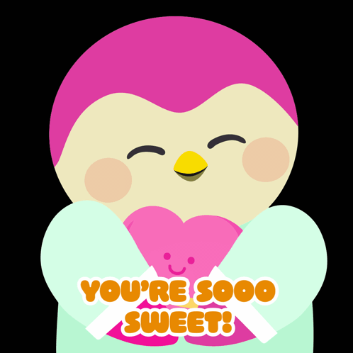 A Pink Penguin Holding A Heart With The Words You 'Re Sooo Sweet GIF