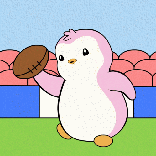 A Pink Penguin Is Holding A Brown Football With A Stitched X On It GIF