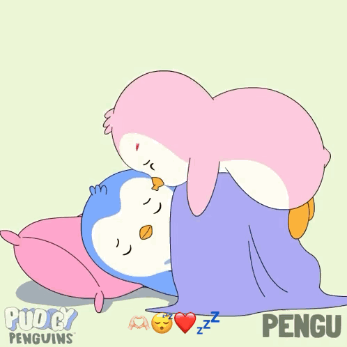 A Pink Penguin Is Kissing A Blue Penguin On The Head GIF