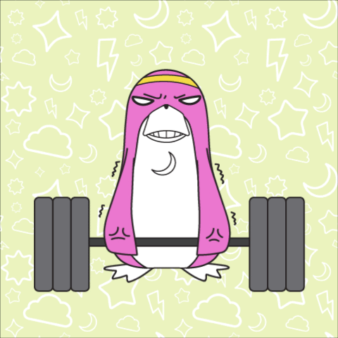 A Pink Penguin Is Lifting A Barbell With A Yellow Headband GIF