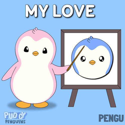 A Pink Penguin Is Pointing At A Blue Penguin On A White Board With The Words " My Love " Above It GIF