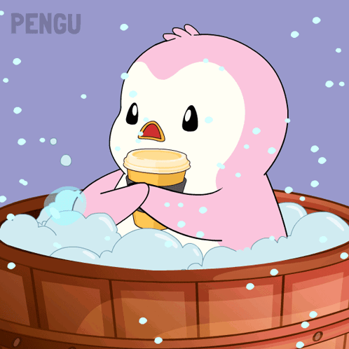 A Pink Penguin Is Sitting In A Wooden Tub Holding A Cup GIF