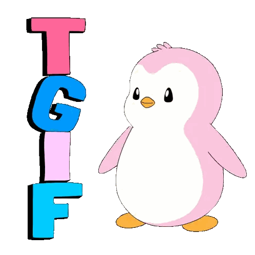 a pink penguin is standing next to a sign that says " tgf "
