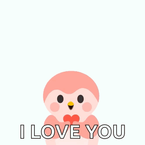 a pink penguin is surrounded by red hearts and the words i love you