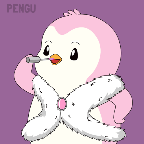 A Pink Penguin Is Wearing A White Fur Coat And Holding A Lipstick In Its Beak GIF