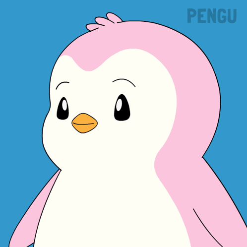A Pink Penguin Says Happy Monday In White Letters On A Blue Background GIF