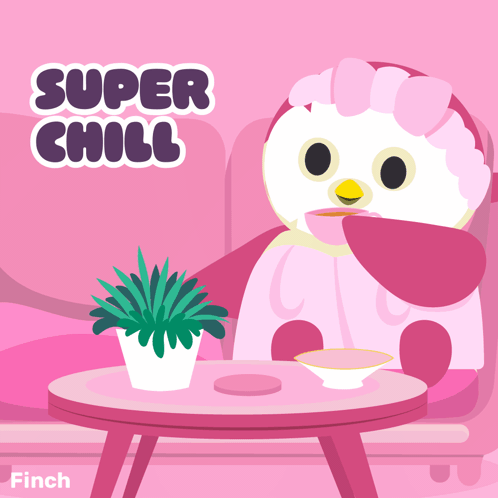 A Pink Penguin Sits On A Pink Couch Drinking From A Cup With The Words Super Chill Behind Him GIF