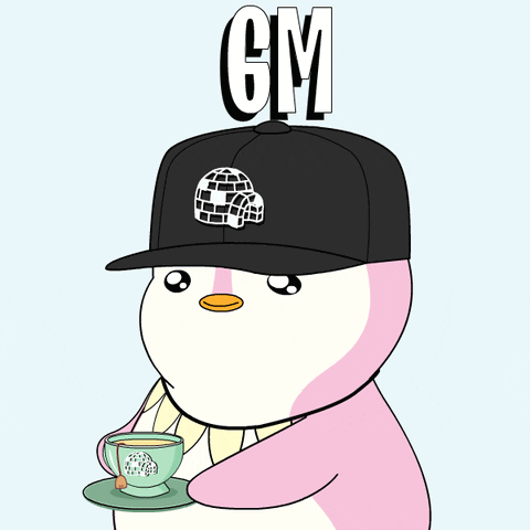 A Pink Penguin Wearing A Black Hat And Holding A Cup Of Tea GIF