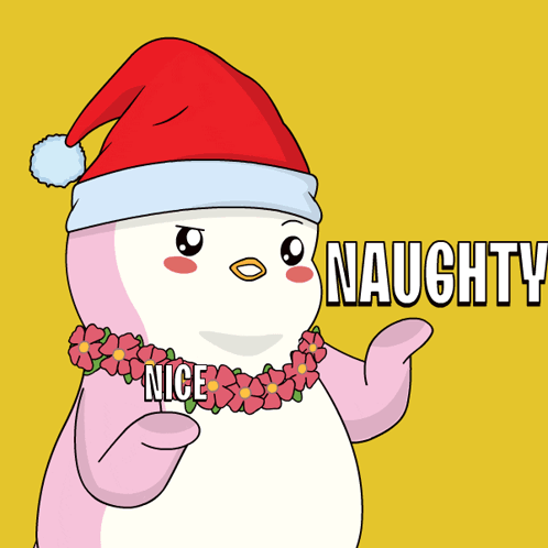 A Pink Penguin Wearing A Santa Hat And A Lei Says Naughty GIF