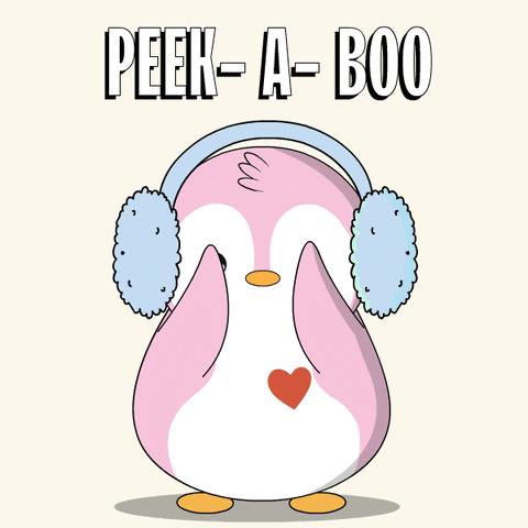 A Pink Penguin Wearing Ear Warmers With The Words Peek-A-Boo On The Bottom GIF