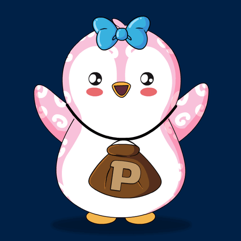 A Pink Penguin With A Blue Bow Holds A Brown Bag That Says P On It GIF