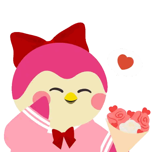 a pink penguin with a red bow is holding a bouquet of flowers