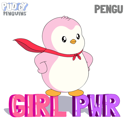 A Pink Penguin With A Red Cape And The Words Girl Pwr GIF