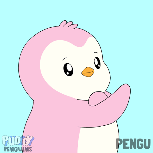 a pink penguin with the words pudgy penguins below it