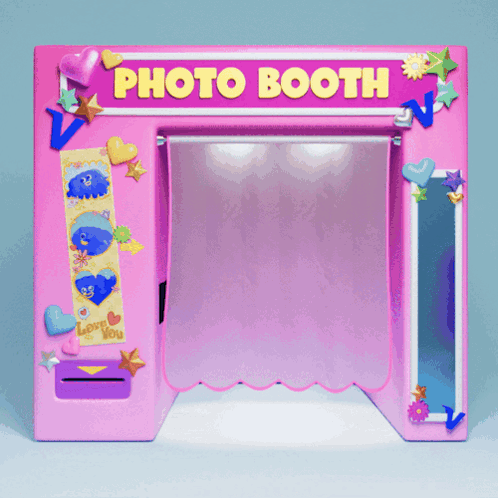 A Pink Photo Booth With Hearts And Stars GIF