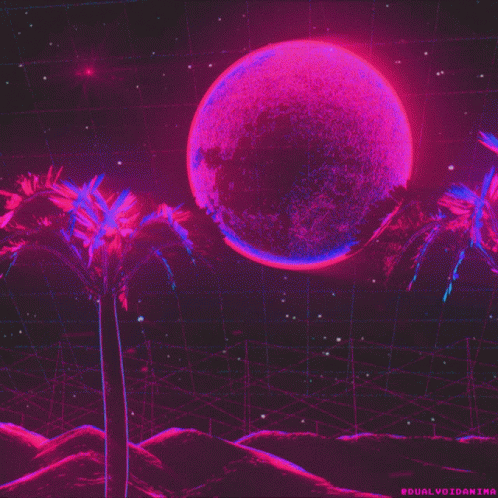 A Pink Planet With Palm Trees In The Foreground And The Words Dualvoidanima Below It GIF