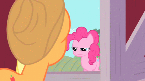 A Pink Pony Looking Out Of A Window With The Word Okey Above Her GIF