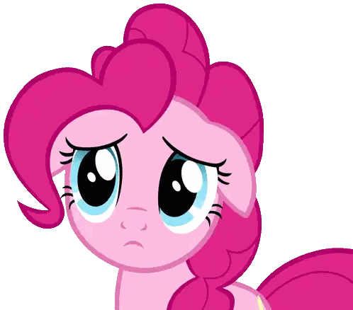 a pink pony with a sad look on her face and blue eyes