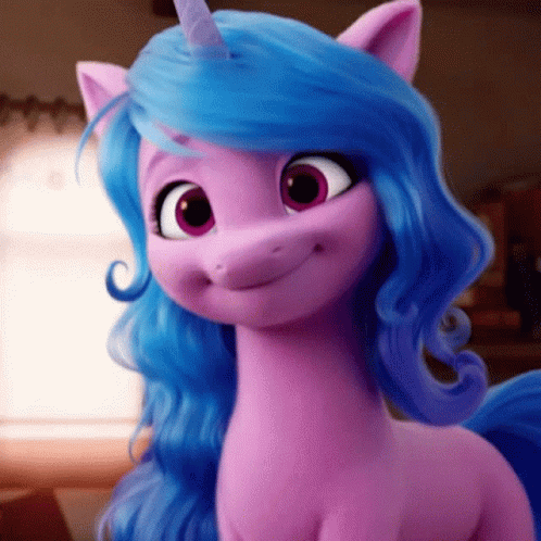 A Pink Pony With Blue Hair And A Blue Horn Is Smiling . GIF