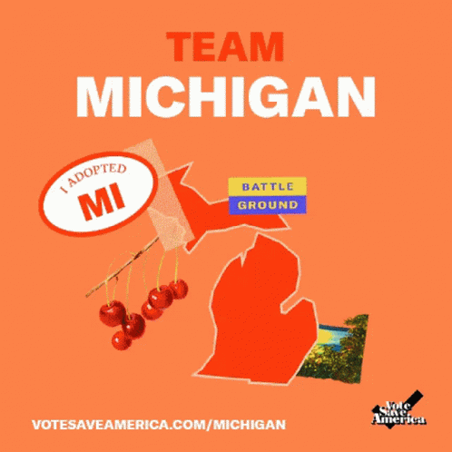 a pink poster with a map of michigan and a sticker that says " i adopted mi "