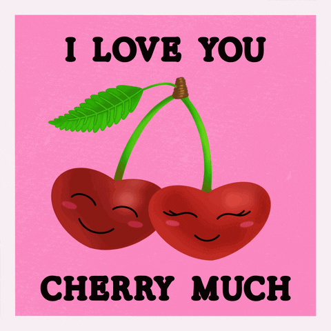 A Pink Poster With Two Cherries And The Words I Love You Cherry Much GIF
