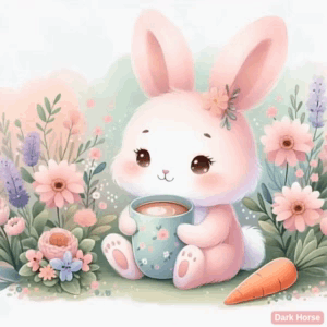 A Pink Rabbit Is Holding A Cup Of Coffee And A Carrot . GIF