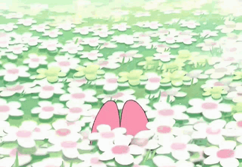 A Pink Rabbit With A Flower On Its Head Is Standing In A Field Of White Flowers . GIF