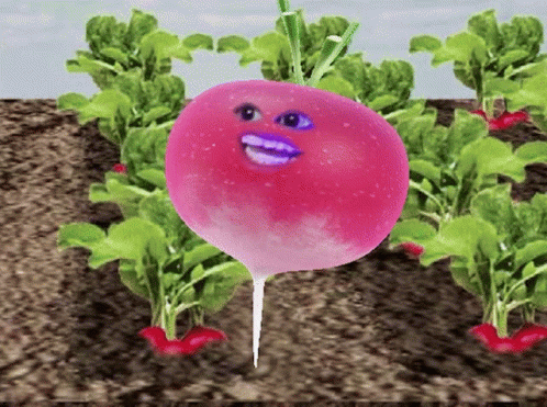 A Pink Radish With A Face On It Is Surrounded By Green Plants GIF