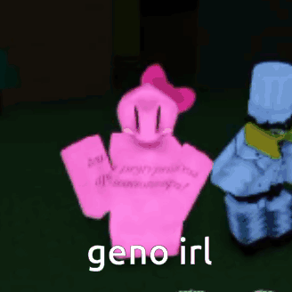 A Pink Robot With A Bow On Its Head Is Standing Next To A Blue Robot In A Dark Room . GIF