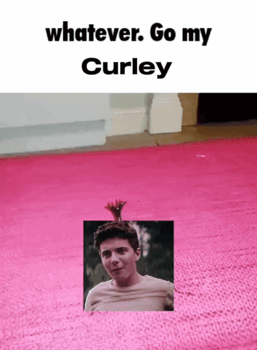 A Pink Rug With A Picture Of A Boy On It And The Words Whatever Go My Curley GIF