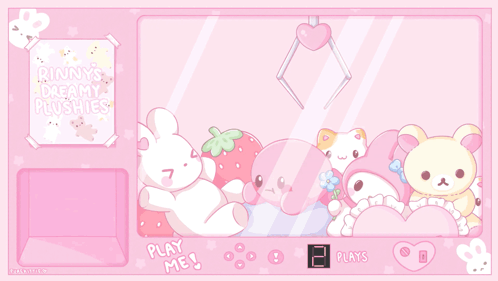 A Pink Screen With Stuffed Animals And The Words Play Me At The Bottom GIF