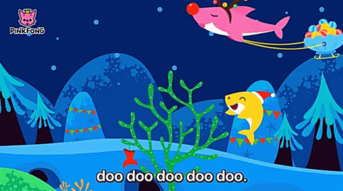 A Pink Shark Is Wearing A Santa Hat And Pulling A Sled GIF