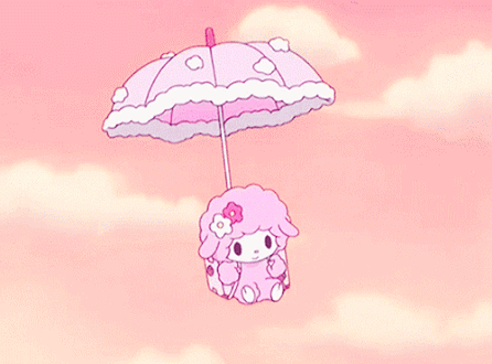 A Pink Sheep Is Flying Under A Pink Umbrella In The Sky GIF