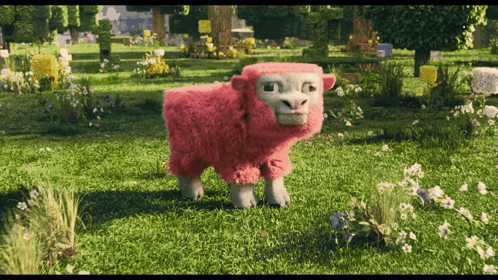 A Pink Sheep Is Standing In The Grass In A Field GIF