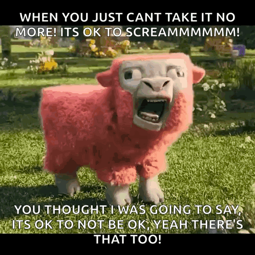 A Pink Sheep With Its Mouth Open Is Screaming In A Field GIF