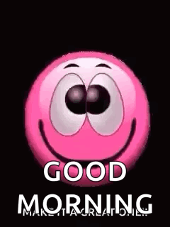 A Pink Smiley Face With A Black Background And The Words `` Good Morning '' . GIF