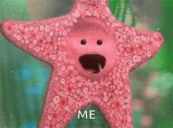 A Pink Starfish With A Face And A Mouth Is Standing In The Water . GIF