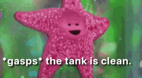 A Pink Starfish With A Face And The Words `` Gasps The Tank Is Clean '' Written On It . GIF