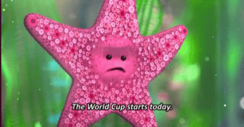 A Pink Starfish With A Face On It Is Talking About The World Cup Starting Today . GIF
