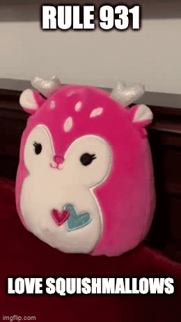 A Pink Stuffed Animal With The Words Rule 931 Love Squishmallows GIF