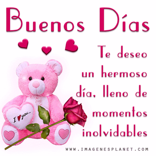 A Pink Teddy Bear Holding A Rose With The Words Buenos Dias Written Above It GIF