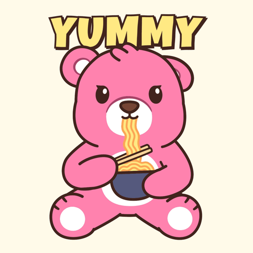 A Pink Teddy Bear Is Eating Noodles With Chopsticks And The Word Yummy Above Him GIF